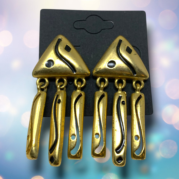 Vintage 1980s Gold Tone Modernist Triangle Dangle Pierced Earrings Mogul Couture - Picture 5 of 5